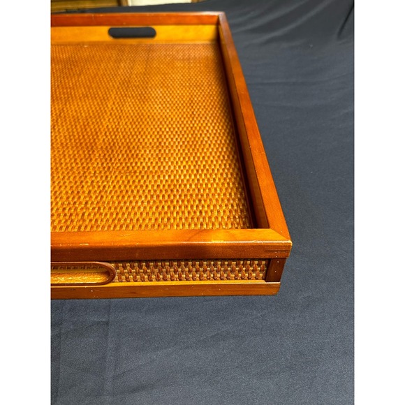 Vintage Wooden Rattan Large Serving Tea Fruit Dinner Tray 21" x 13.5” - Picture 5 of 8